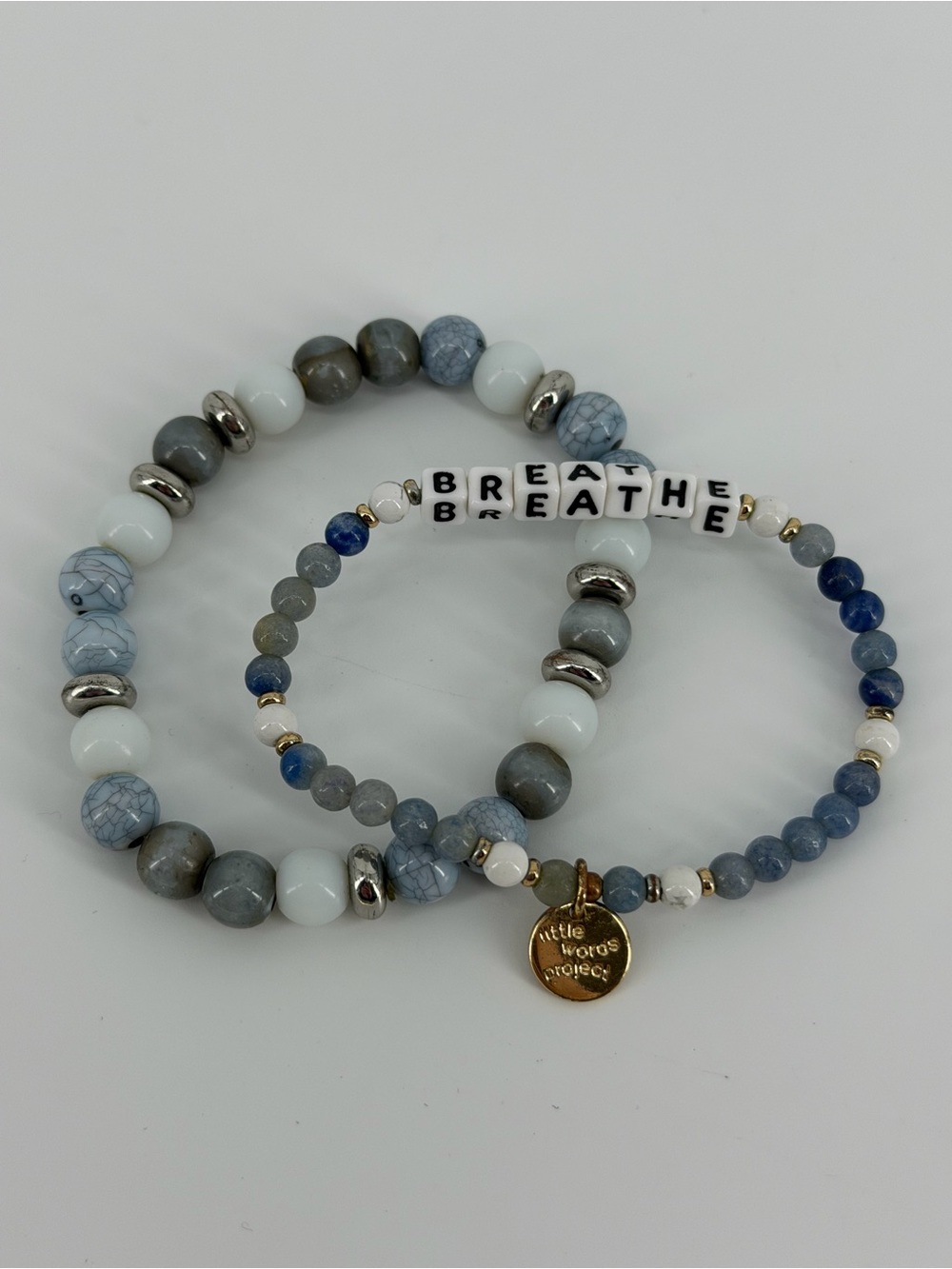 Little Words Project BREATHE Stackable Beaded Bracelet Set in Blue White Tones